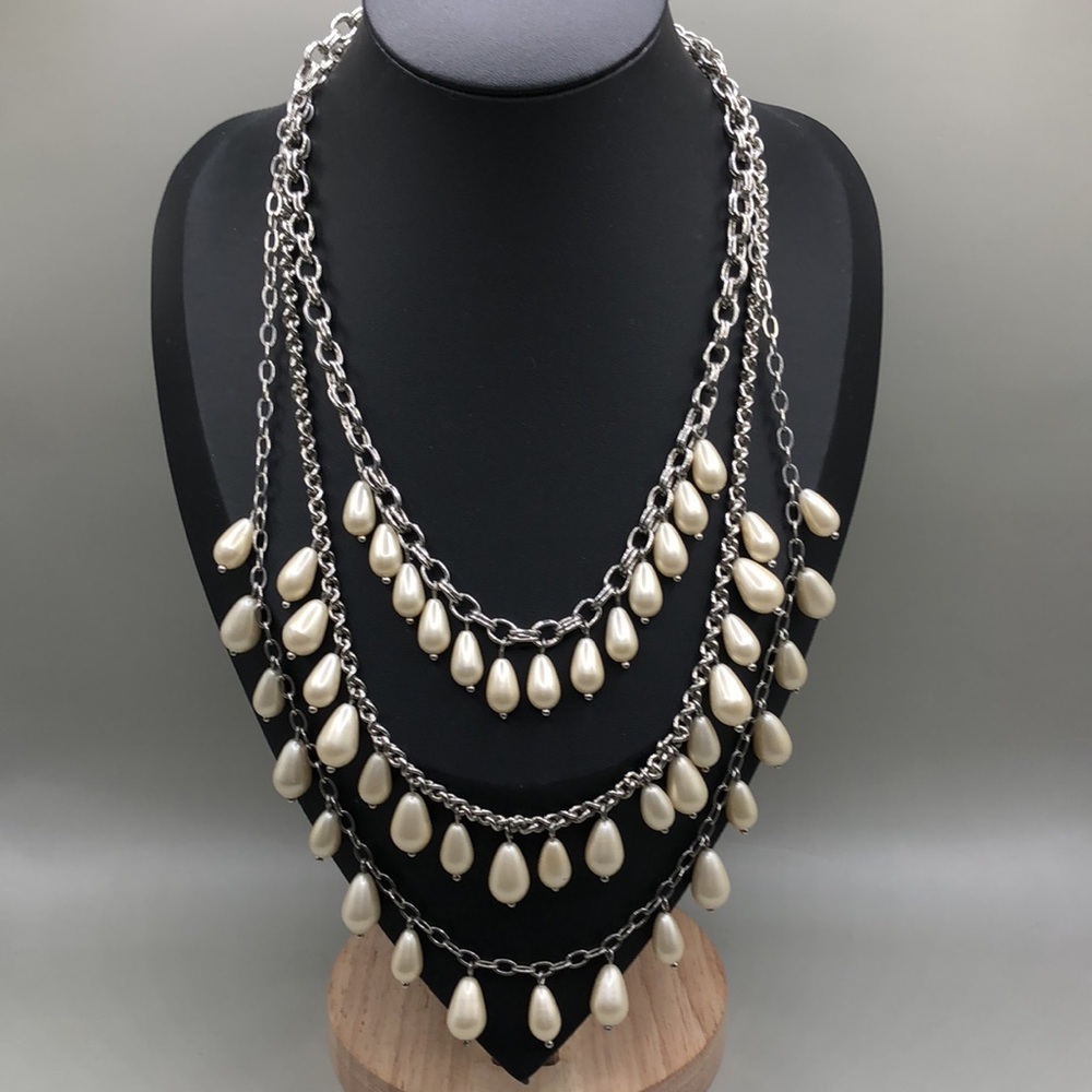 Talbots multi layer layered chain and faux pearl statement style dressy necklace